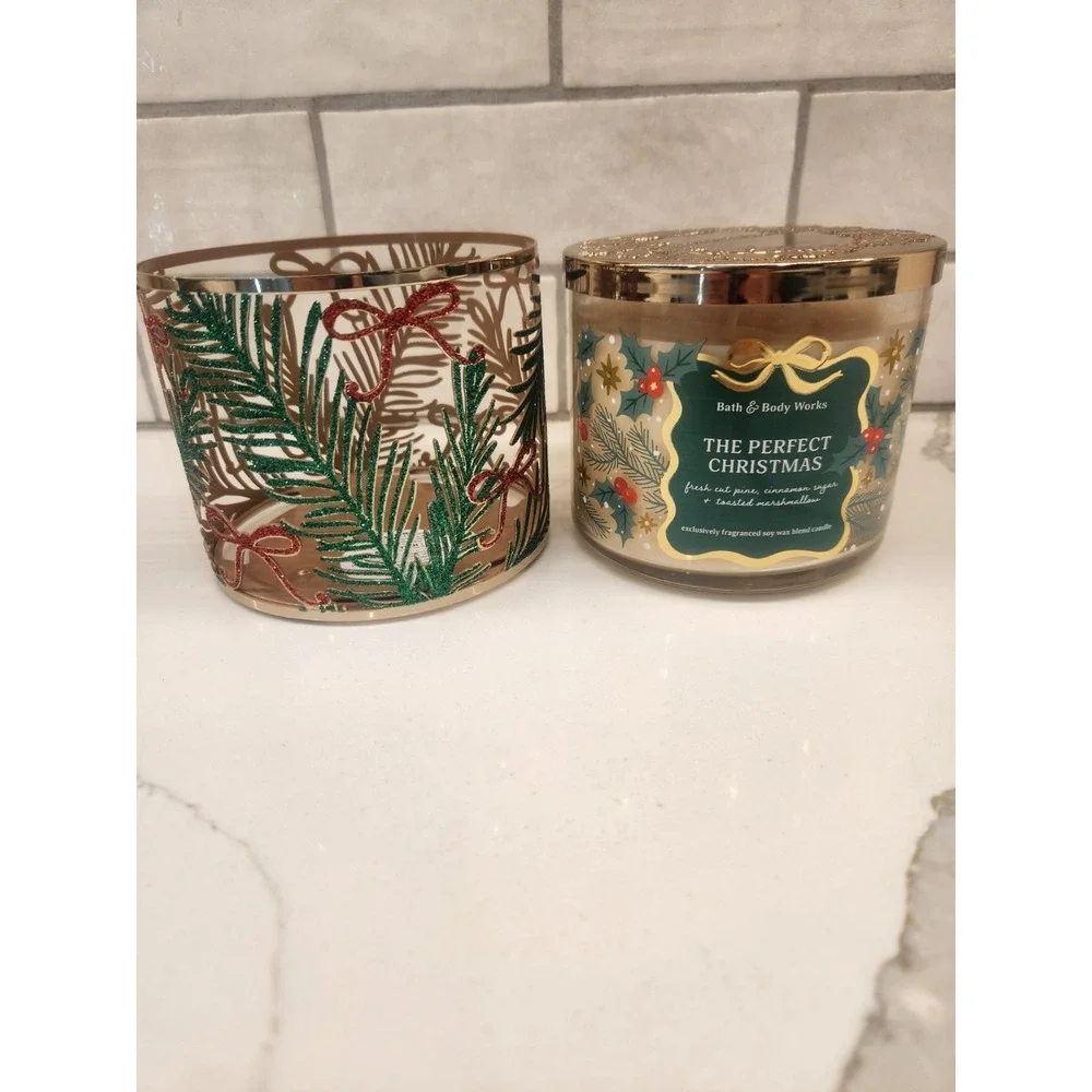 Bath & Body Works THE PERFECT CHRISTMAS 3 Wick Jar Candle 14.5 oz & Holder Set